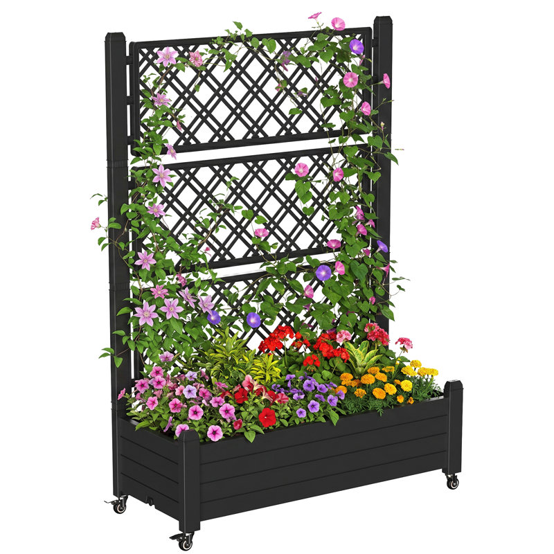Boîte à fleurs d'extérieur avec treillis et roues, Noir