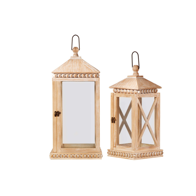 Wood Square Lantern Washed Finish Brown