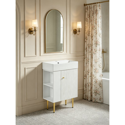 Armoire de meuble-lavabo avec lavabo simple en céramique 21,6 po, armoire de rangement pour salle de bain avec rangement latéral