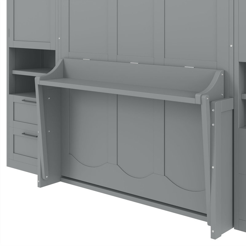 Lit escamotable double pleine grandeur avec placard, tiroirs et tablettes, gris