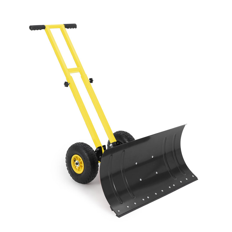 Pelle à neige avec roues, lame inclinée à 5 positions et poignée réglable, roues en caoutchouc et double poignée, pelle à neige en métal robuste avec roues pour entrée, porte, trottoir, trottoir