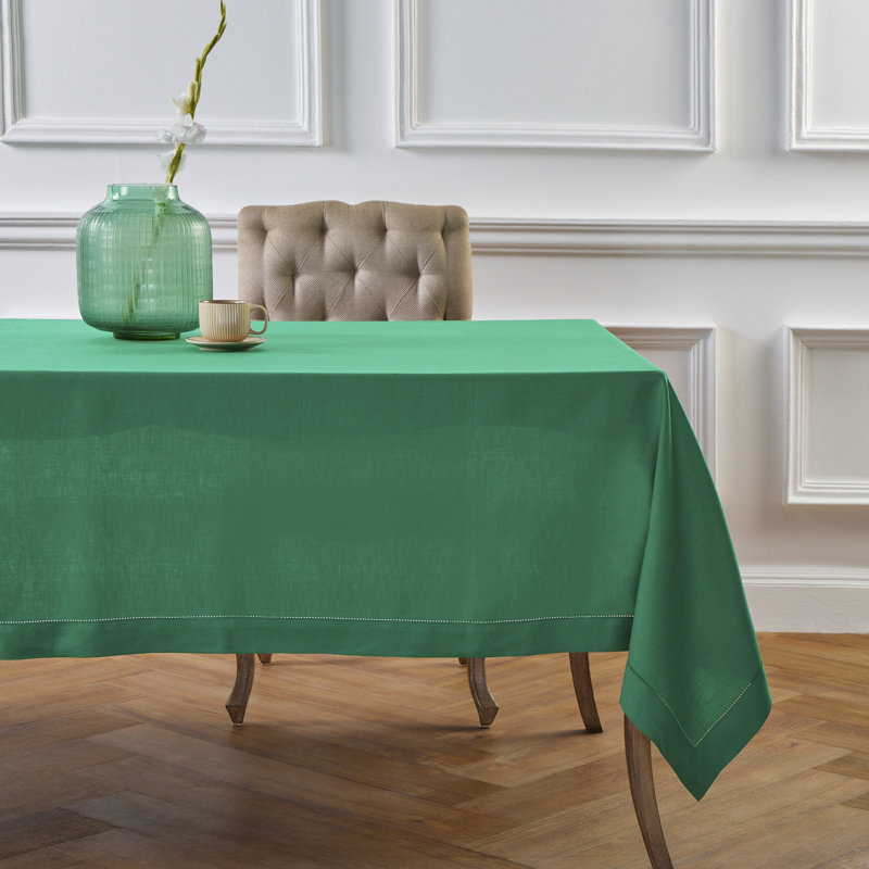 100% Pure Linen Hemstitch Table Throw - Classic Hemstitch, Emerald