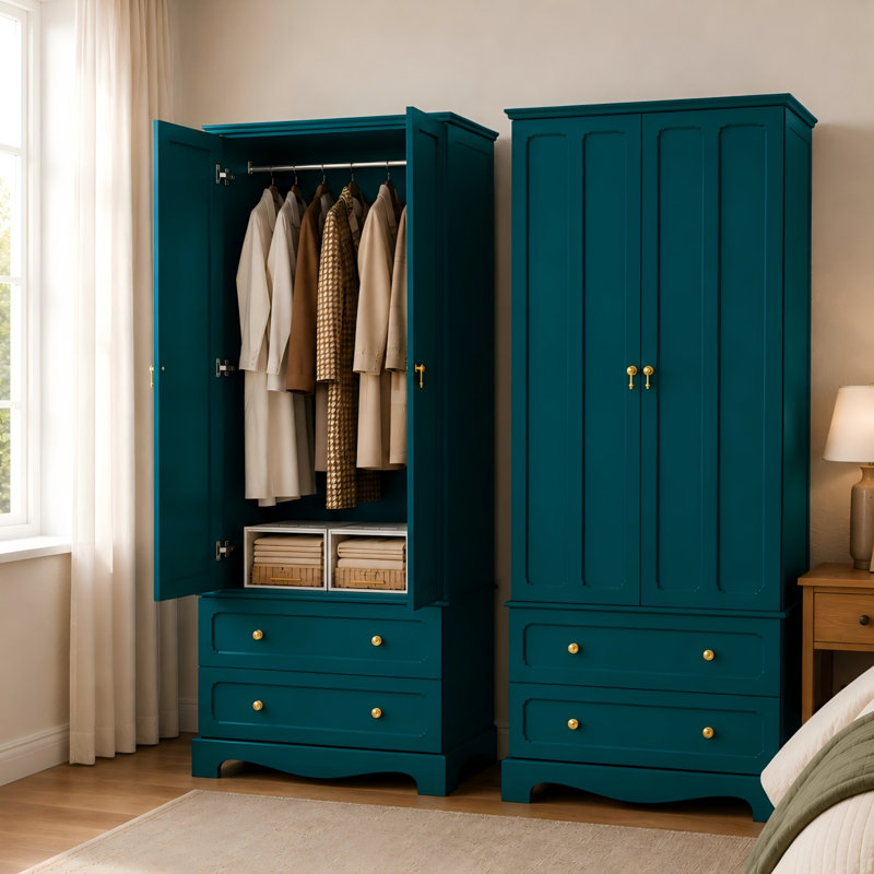 Freestanding Wooden Wardrobe Armoire with 2 Drawers, Green
