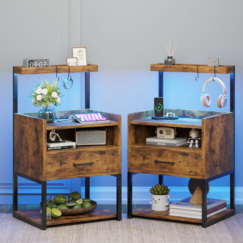 Nightstand with LED Lights & Drawer, Rustic Brown, Individual