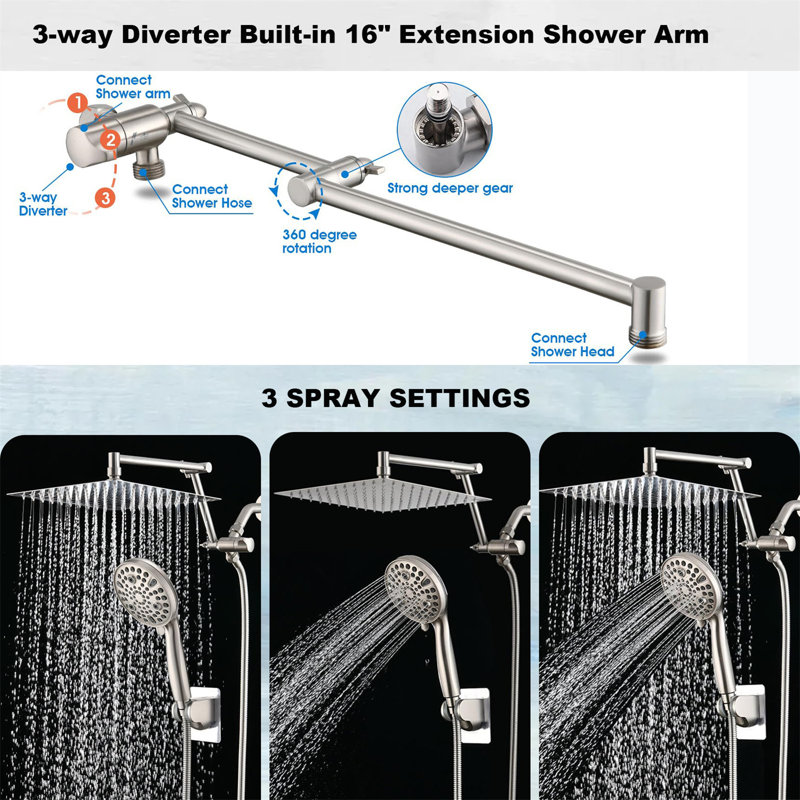 10-Spray Dual Shower System With 16’’ Adjustable Arm – High-Pressure Rainfall & Handheld Combo, 6Ft Hose & Built-In Diverter