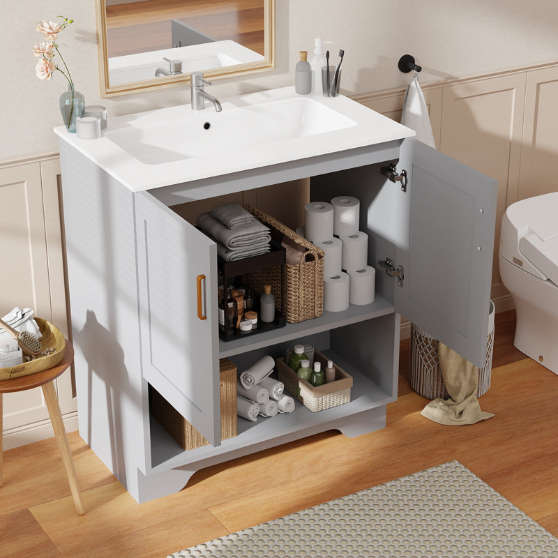 Meuble-lavabo moderne 30 po avec lavabo en céramique - armoire autoportante 2 portes à fermeture douce et 1 tablette ouverte, gris
