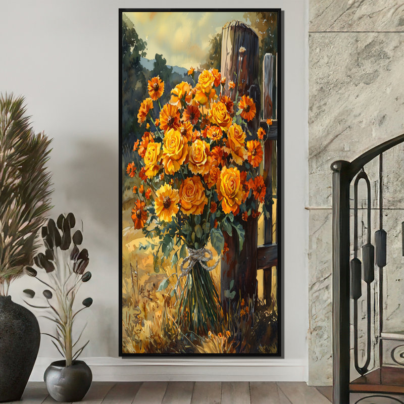 «Sachiko Golden Assorted Flowers By The Barn Fence», art mural encadré, H 60 po x l 28 po, Noir