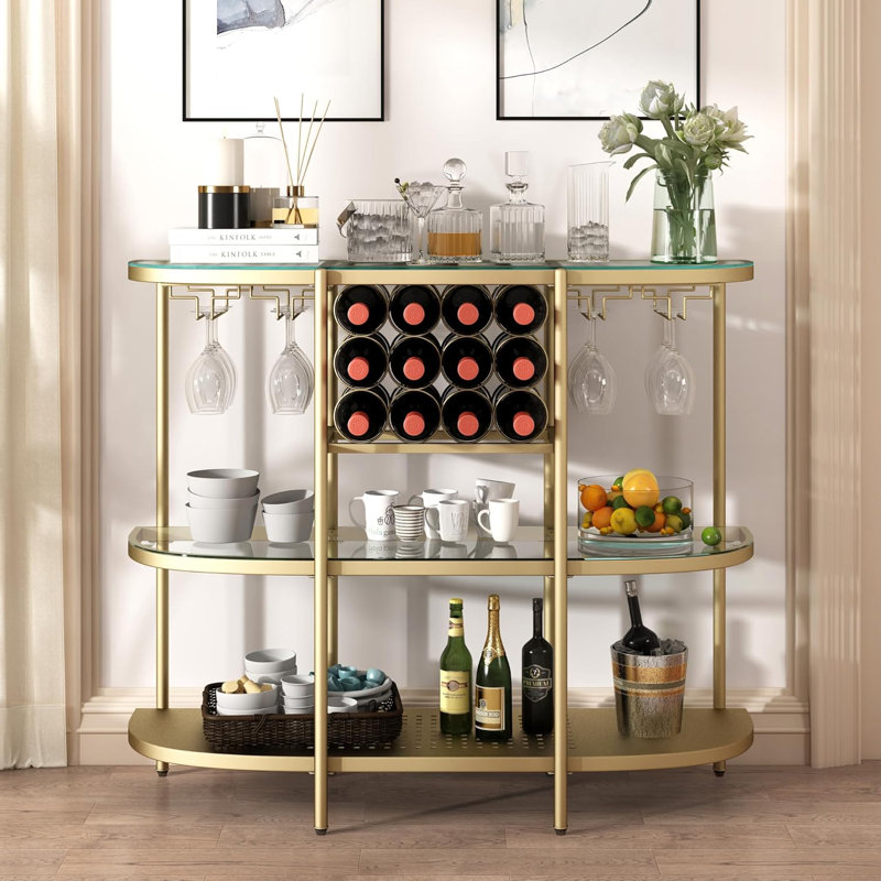 Itasca Metal Wine Bar Stand with 4-Tier Storage, Tempered Glass Wine Rack Table with Glass Holders