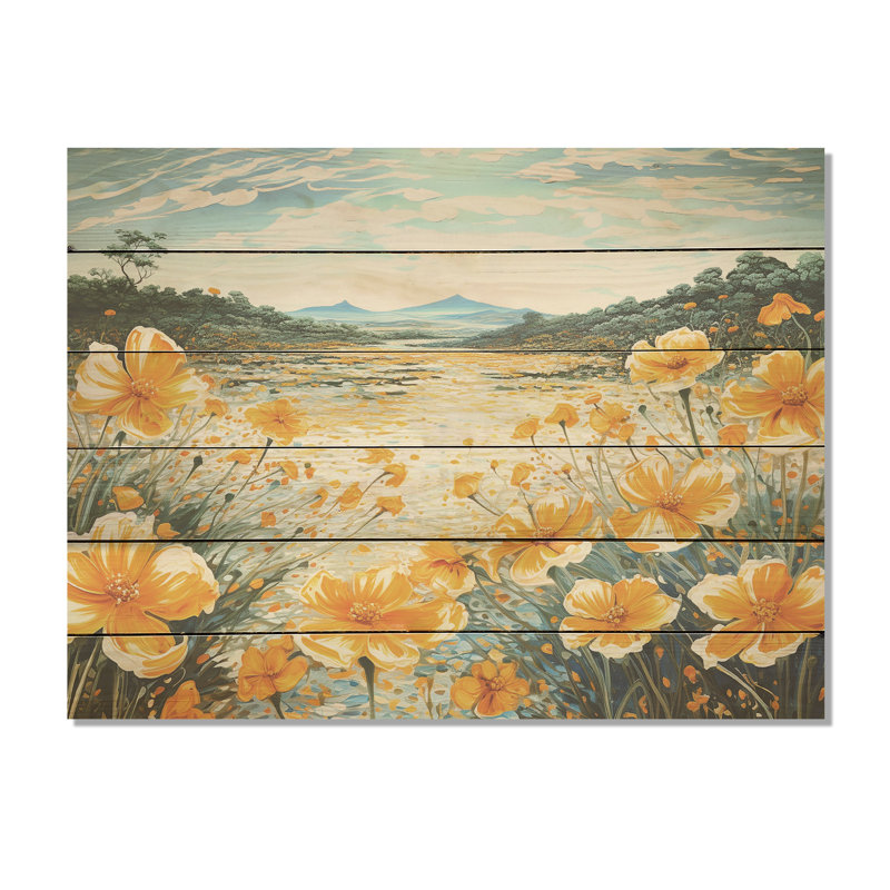 Jaune, souci jaune liquide, champ de fleurs - champ de fleurs, art mural sur bois de pin naturel, H 30 po x l 40 po