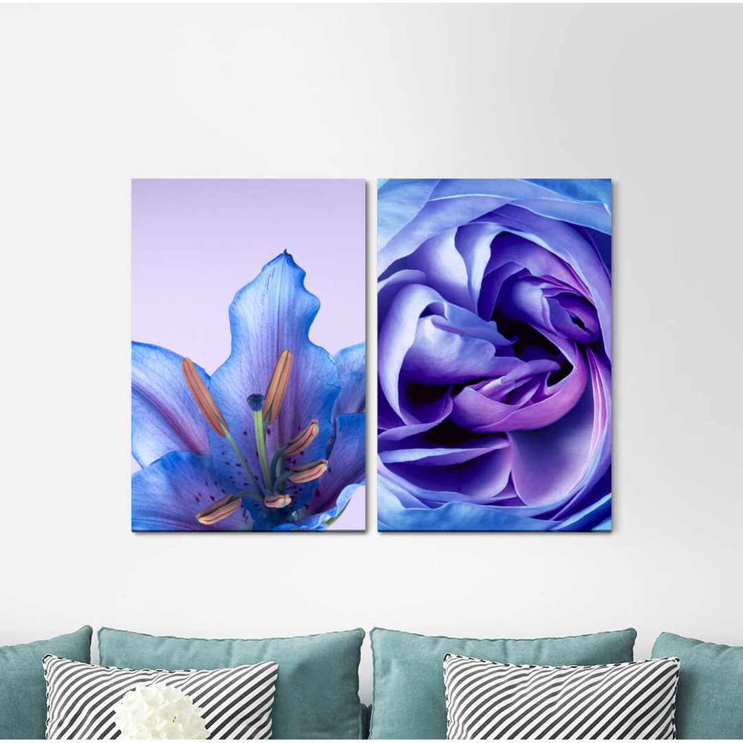 2-tlg. Leinwandbilder-Set - Fotografie „Lily Rose Flowers Blue Silk”