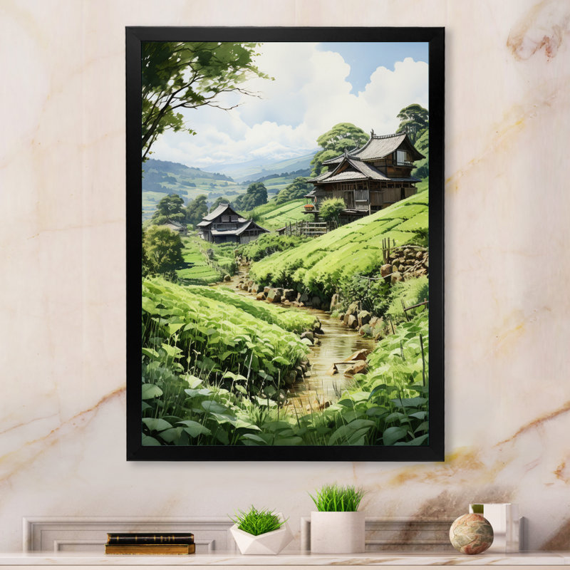 Champ de thé japonais - reproduction sur toile, H 32 po x l 24 po x P 1 po, Cadre photo noir
