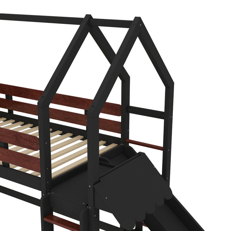 Kids Twin Solid Wood Loft Bed with Bookshelves and Slide, Twin, Black