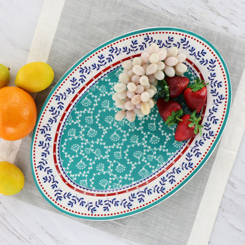 Village Vines 14 Inch White Ceramic Oval Serving Platter