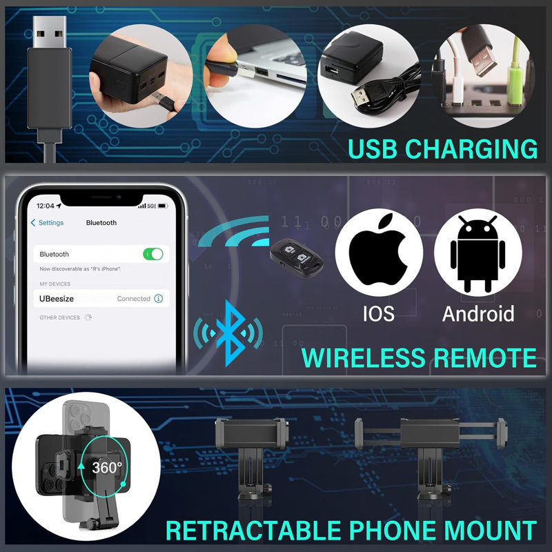 Anneau lumineux à DEL pliable de 14 pouces avec trépied de 62 pouces, support de téléphone et télécommande, luminosité et température de couleur réglables pour le Selfie, le Tiktok, la photographie, le maquillage, la diffusion en direct