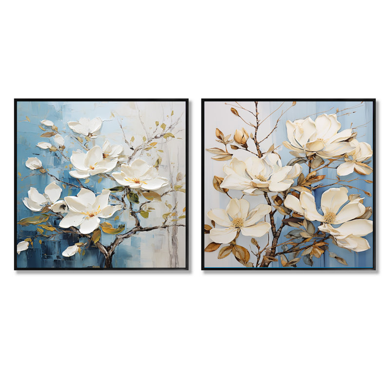 Ensemble de 2 collages carrés blancs et or Magnolia Serenity - Magnolias, Cadre flottant noir, H 16 po x l 33 po