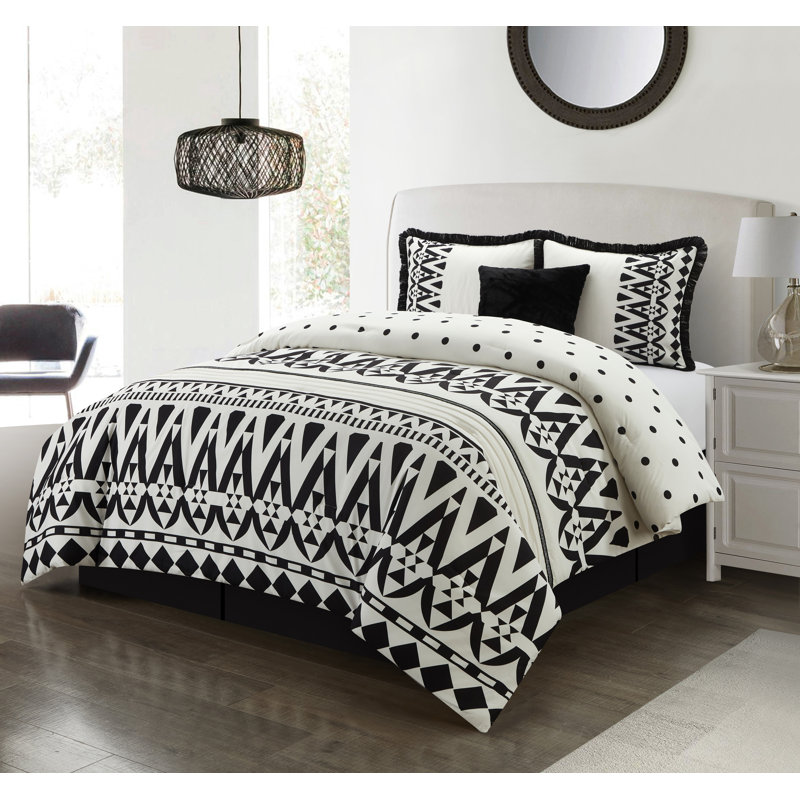Petula White/Black Microfiber Reversible 5 Piece Comforter Set, King Comforter + 5 Additional Pieces