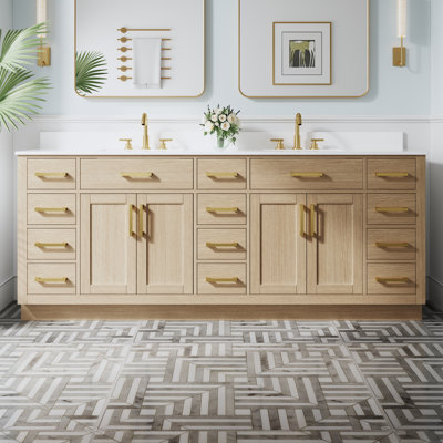 Meuble-lavabo autoportant en bois massif l 84 po x H 35 po avec comptoir en marbre de culture blanc et double lavabo en céramique, chêne