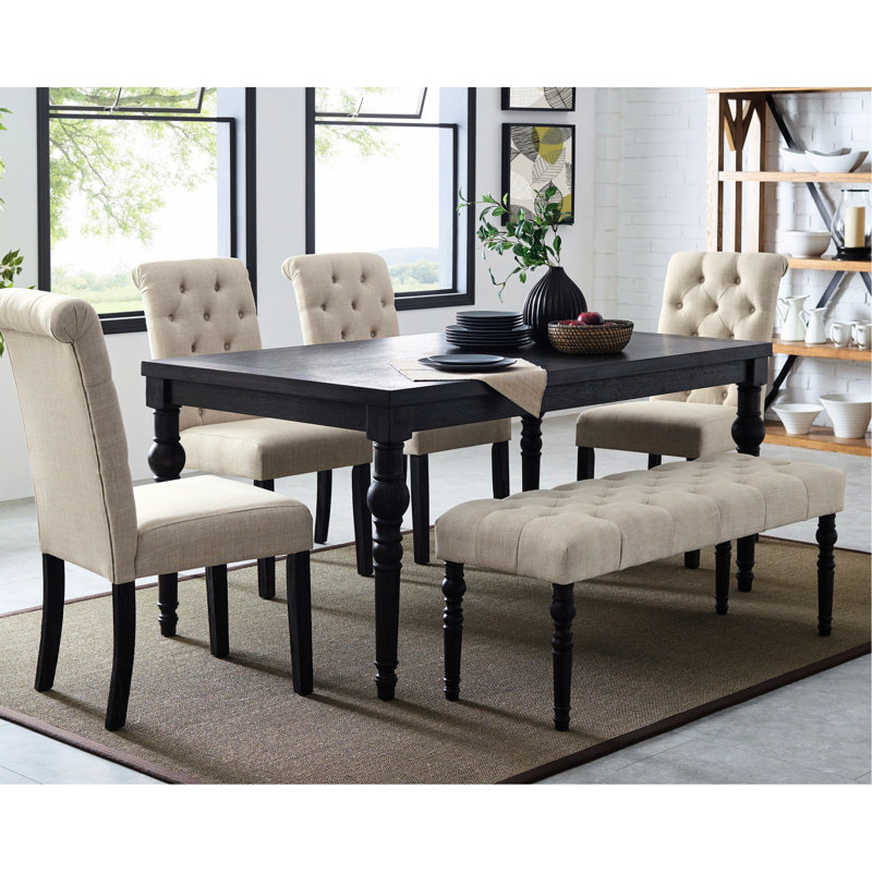 Table rectangulaire en bois délavé foncé - 4 chaises rembourrées, banc Urban avec table, chaises
