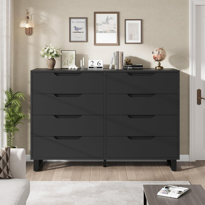 Farmhouse 8-Drawer Wide Dresser – Sturdy Metal Legs – Large Capacity Wooden Storage Cabinet for Bedroom, Living Room, Entryway – Freestanding Organizer – Black, 8-Drawer Chest Gray