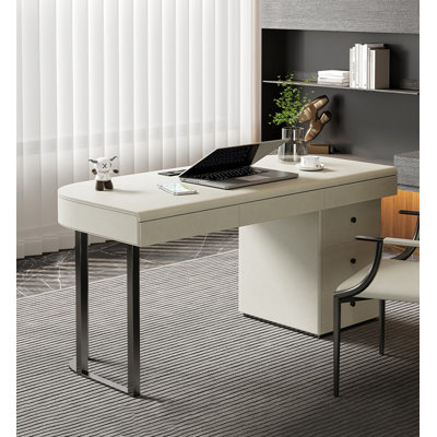 Saddle Leather Wrapped Desk with Stainless Steel Legs and Retractable Drawer Cabinet