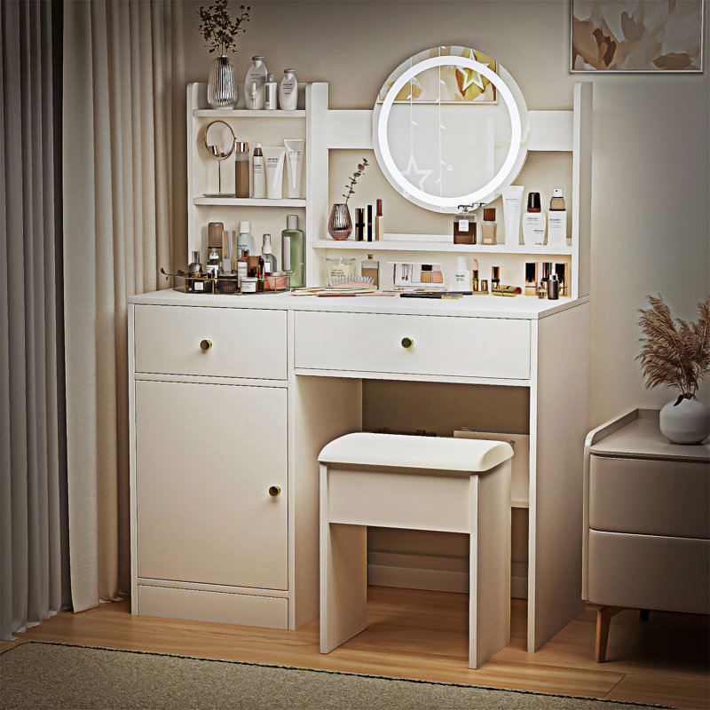 Vanity Table With Mirror And 3 Color Lighting Brightness Adjustable