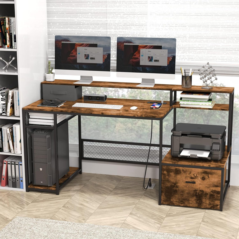 Bureau d'ordinateur 66 po avec tiroirs et tablette de rangement Mau, Gris