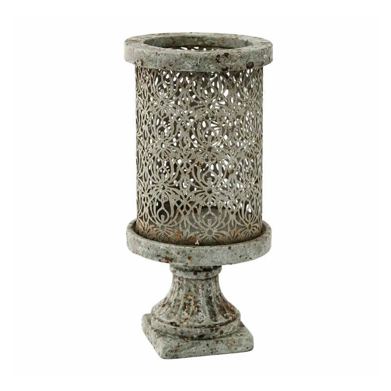 Decorative Candle Holder, Filigree Design, Distressed Gray Cement 12 Inch