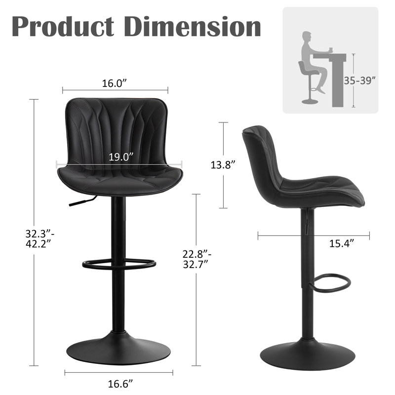 Swivel Height Adjustable Bar Stools Faux Leather Upholstered Counter Stools With Metal Frame, Black