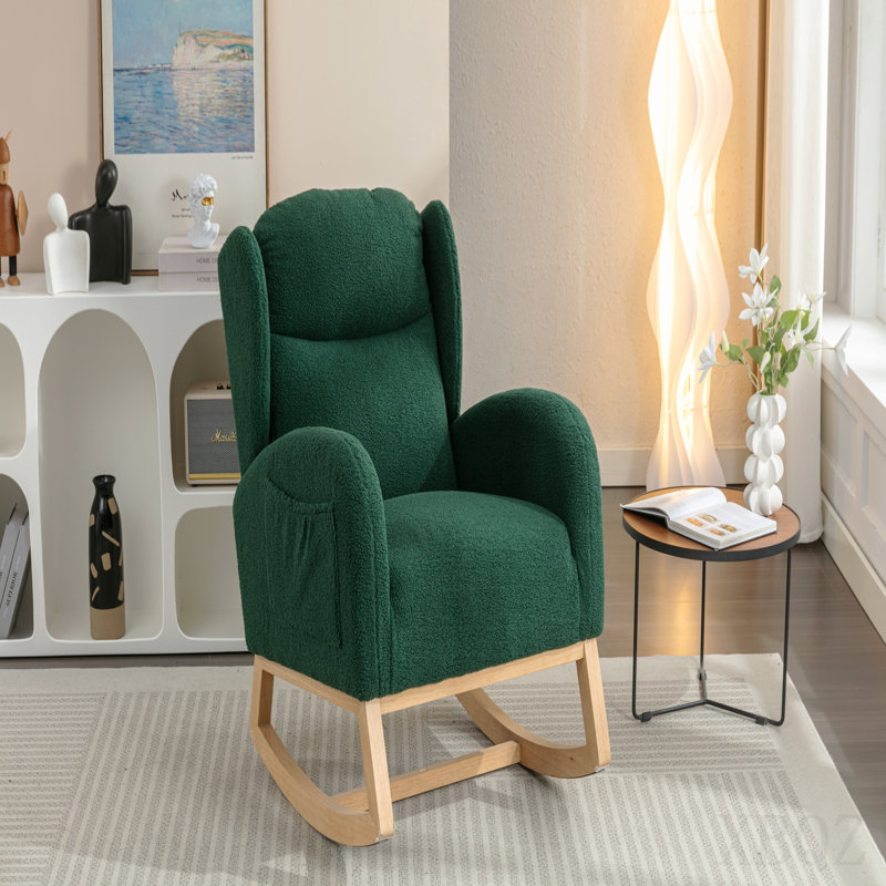 Chaise berçante en tissu Teddy avec pieds en bois paquet, vert