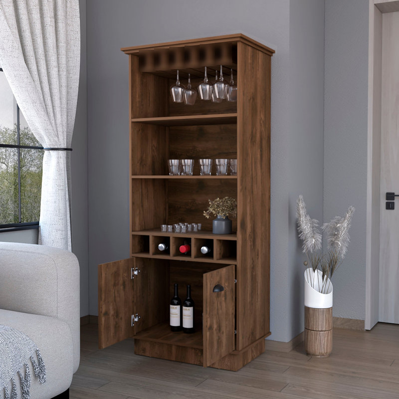 Dark Brown Bar Cabinet With Contemporary Bottle - 3 Shelves And 5 For A Modern Setup Long-lasting Materials Enduring Quality