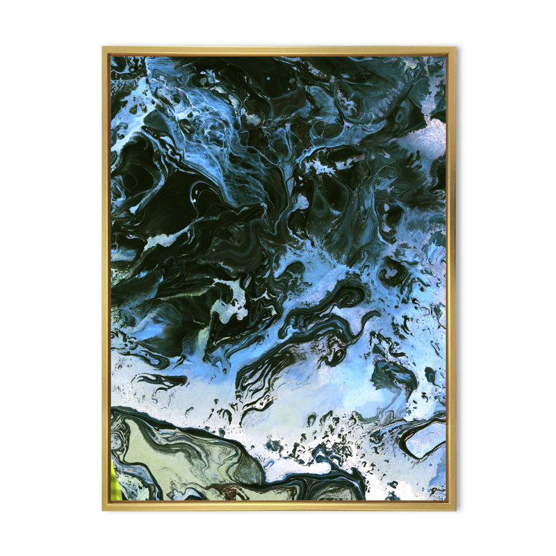 Noir et bleu liquide - Peinture sur toile, H 32 po x l 16 po x P 1 po, Cadre flottant doré