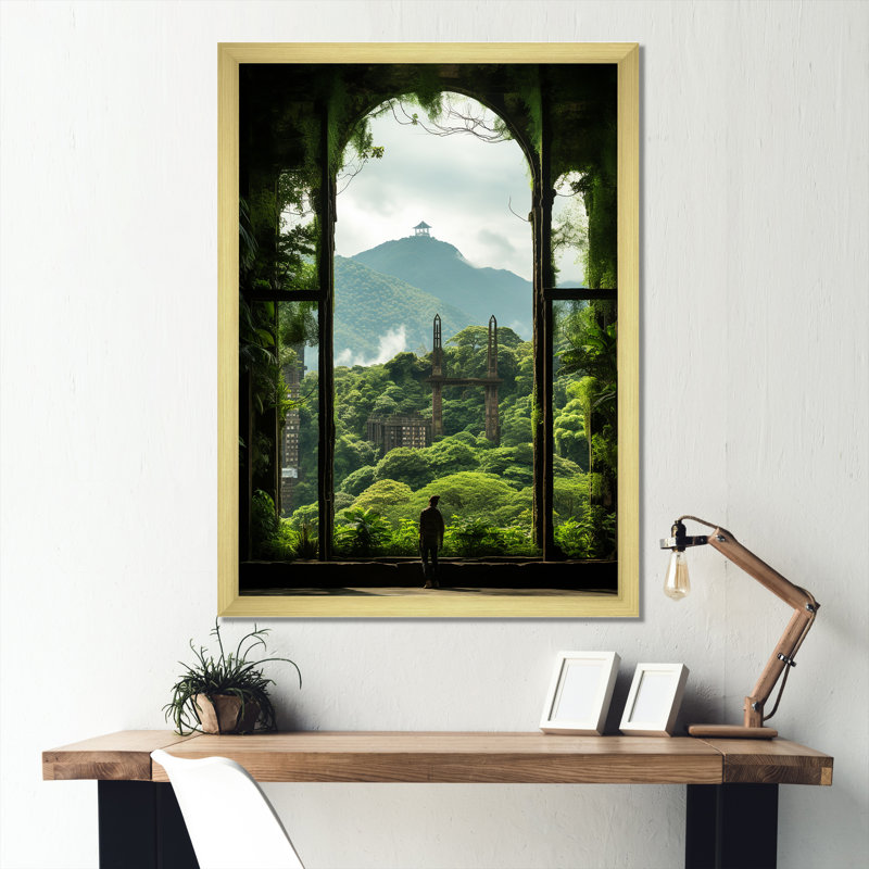 Vue de fenêtre du jardin japonais I - Japon, art mural, Cadre photo doré simple, H 32 po x l 24 po x P 1 po