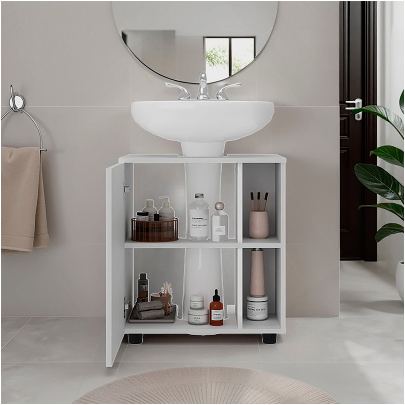 Parade Under Pedestal Sink Cabinet, 1 Door, 5 Open Compartments, Melamine Finish, White, White