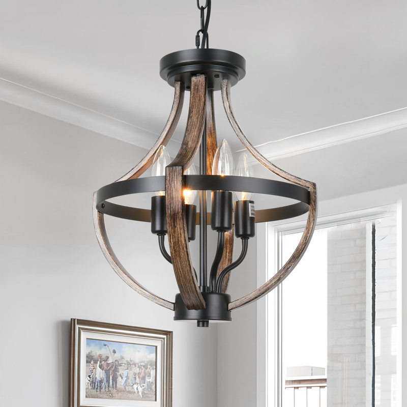 Lustre lanterne suspendu à 4 lumières à intensité variable Kimyada , Noir / bois