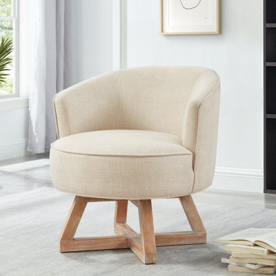 Chaise pivotante avec base en bois en forme de croix, chaise longue avec pieds en bois massif, chaise pivotante à 360 °, tissu en lin classique pour le salon, la chambre à coucher, le bureau, la commode - Beige