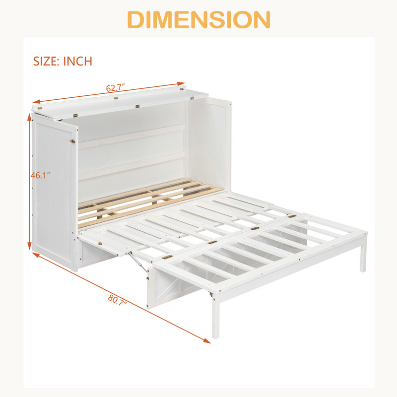 Grand lit escamotable avec grands tiroirs et port USB, Blanc brossé
