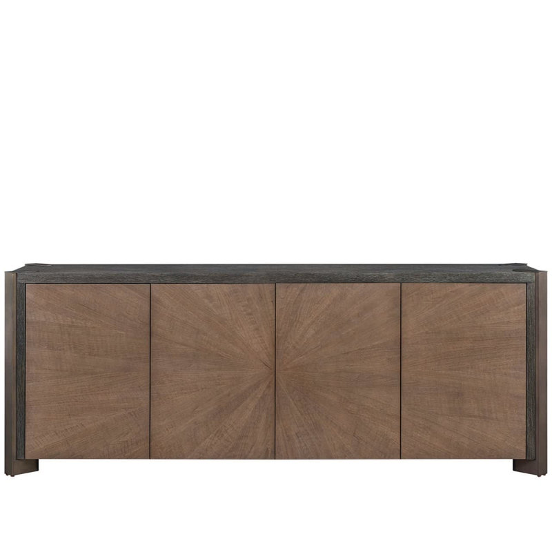 Modern Veil Four-Door Veil Oak And Haze Walnut Credenza With Power Bar And Wire Management, Brown
