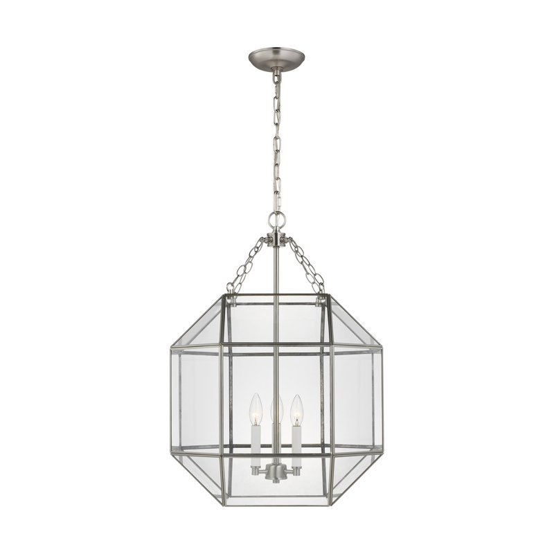 Reid 3 - Light Lantern Pendant, 27.25" H x 18.5" W x 18.5" D, Brushed Nickel, Clear
