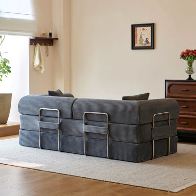 Canapé à compression de 78,8 po, canapé-lit convertible au sol avec accoudoirs avec dossier coussiné, canapé-lit futon confortable, causeuse modulaire désossée, tissu en velours côtelé, pour le salon, gris chambre