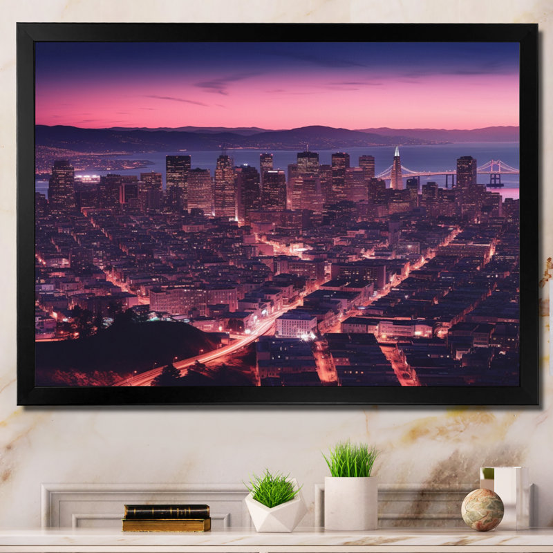 «San Francisco Skyline And Bay Bridge VI», reproduction d'art sur toile, H 24 po x l 32 po x P 1 po, Cadre simple noir