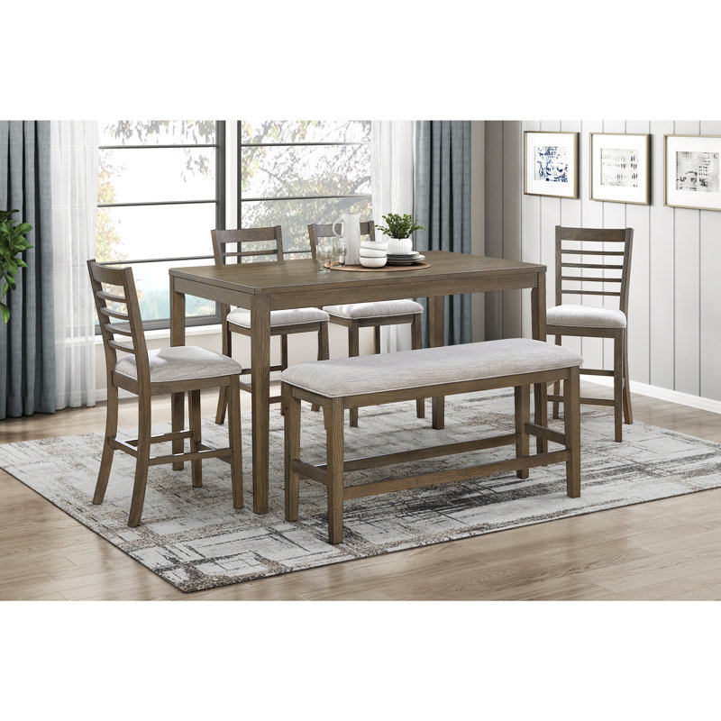 Élégante table de salle à manger à hauteur de comptoir 6 pièces avec banc et chaises