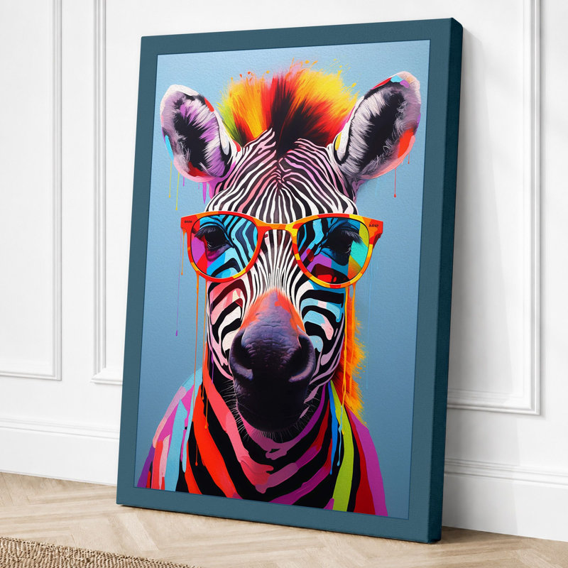 Neon Zebra Pop Art - Print, 30x20 - 76.2 x 50.8 cm, Teal Border