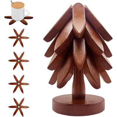 Wooden Trivets For Hot Dishes, Tree Shape Trivet Set, 4 Wooden Trivets + 1 Stand, Stackable Christmas Tree Design, Natural Foldable Kitchen Wooden Trivet, For Pans, Pot, Bowl, Teapot, Hot Pot Holder