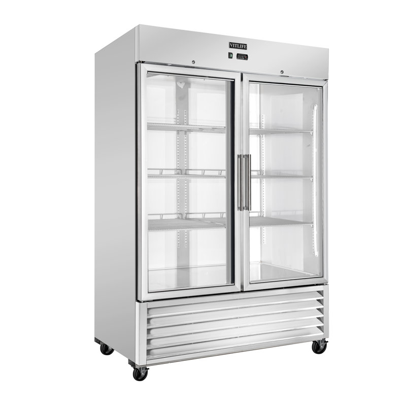 VITLIFE 54" W Commercial Reach-in Freezer with Double Glass Door , Auto-Defrost, 46 cu. ft. Bottom Mounted, Stainless Steel Upright Display Refrigerator for Restaurant, Bar, Shop, 33°F to 41°F