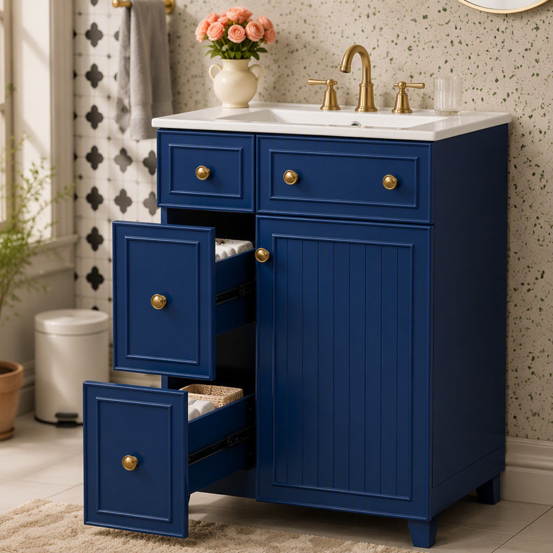 Armoire de meuble-lavabo 24 po avec lavabo en céramique, 2 tiroirs, 1 porte, Bleu