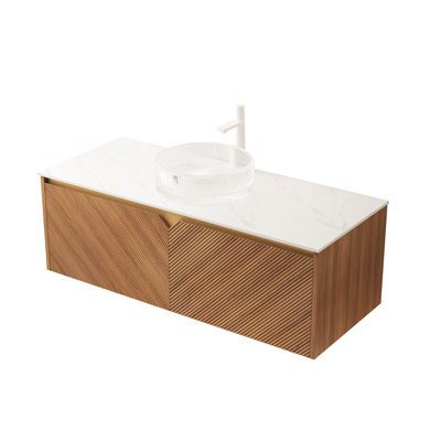 Meuble-lavabo mural de 122 cm (48 po) avec armoire en contreplaqué de chêne brun et comptoir en pierre frittée blanche, sans lavabo ni robinetterie, portes en bois massif avec garniture en métal sergé, système de fermeture amortie, à monter soi-même
