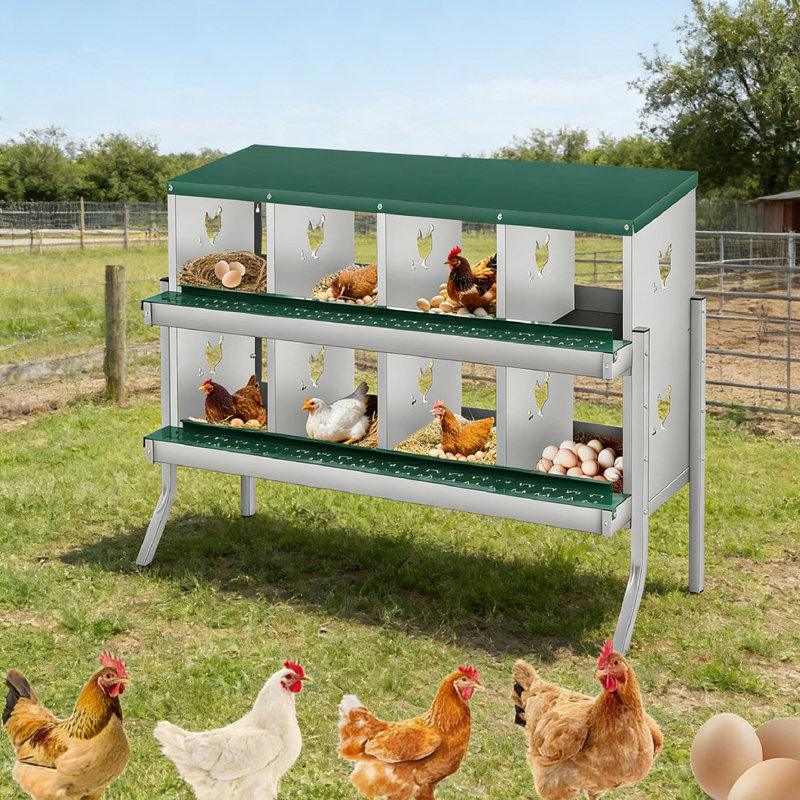 Boîtes de nidification en métal pour poules-8 boîtes de nidification pour poulets avec pattes de support pour œufs, boîtes de rangement à roulettes à fixation murale pour poules et poulailler, vert
