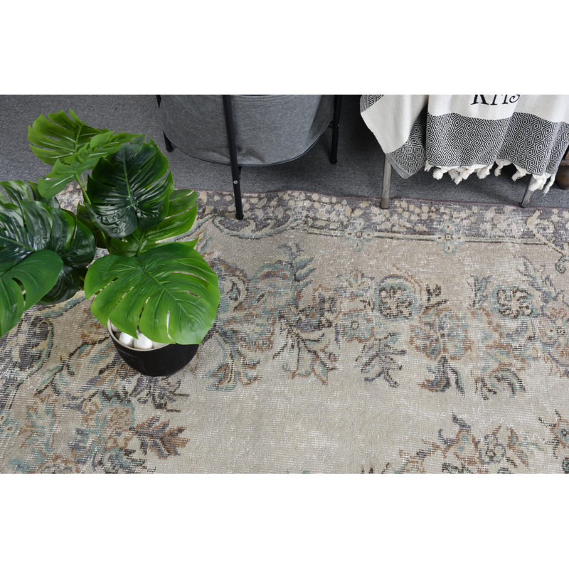 Grand tapis turc Oushak rétro avec motif floral beige parfait pour les salles à manger - Cadeau beige / mauve