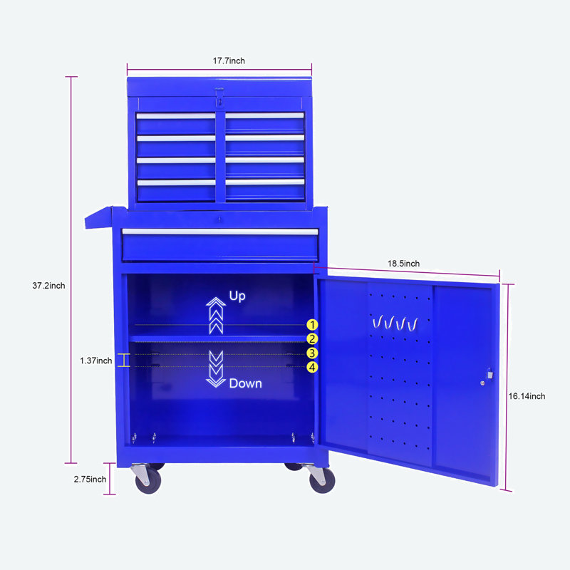 22.95" W Detachable 5 Drawer Tool Chest with Bottom Cabinet and One Adjustable Shelf, Blue