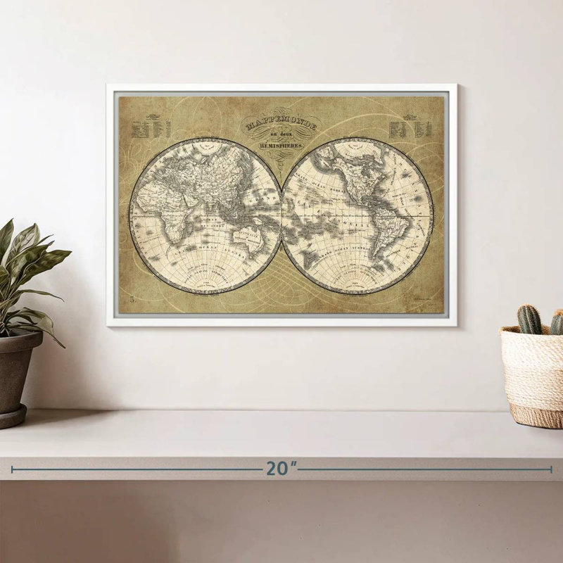 French World Map I, Floating Frame White, 31" X 21"